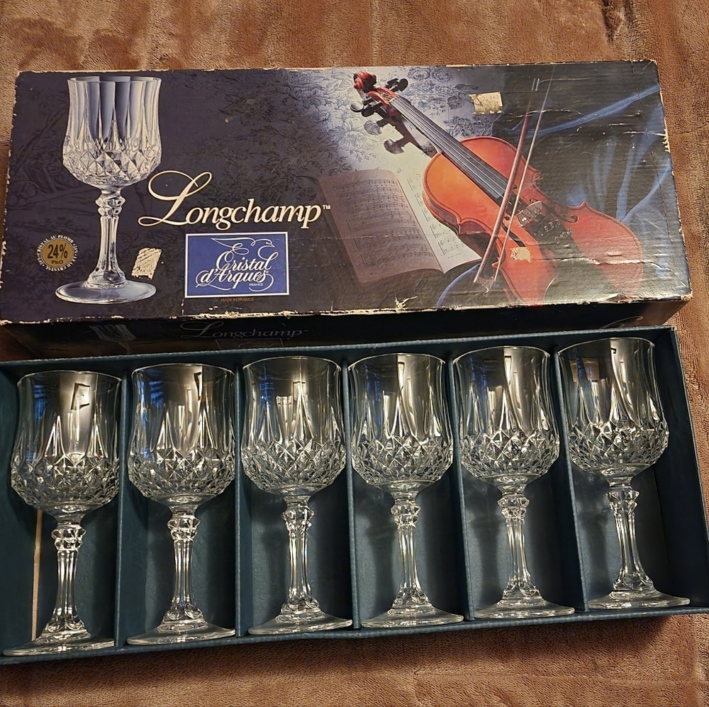 Set of 6 crystal stemware glasses, Vintage Longchamp